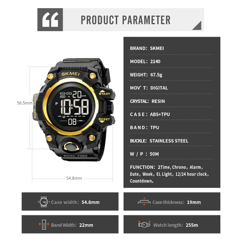 SKMEI 2140 ساعة رياضية رقمية بلون اسود