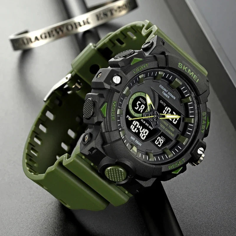 ساعة سكمي 2225 رياضية عسكرية شاشة مزدوجة أسود مع سوار أخضر