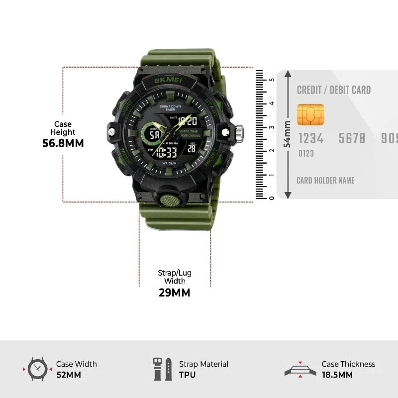 ساعة سكمي 2225 رياضية عسكرية شاشة مزدوجة أسود مع سوار أخضر