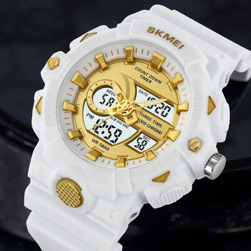 ساعة سكمي 2225 رياضية للجنسين مزدوجة رقمي وعقارب أبيض ذهبي