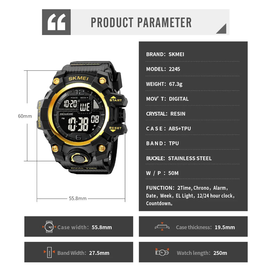 SKMEI 2245 ساعة رياضية رقمية أسود وأخضر زيتي