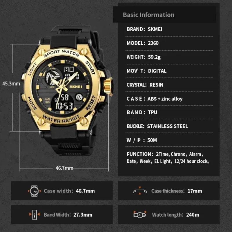 SKMEI 2360 ساعة رياضية رقمية تناظرية اسود ذهبي