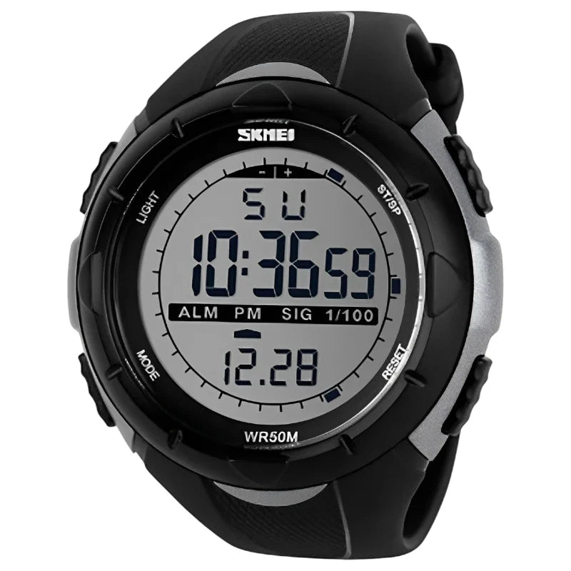 ساعة سكمي 1025 رياضية رقمية متعددة الوظائف مقاومة للماء مع منبه، ساعة إيقاف، تقويم، أسود مع فضي