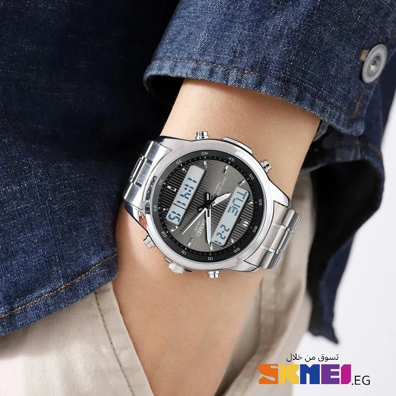 SKMEI 2049 ساعة رياضية فاخرة ستانلس ستيل فضي