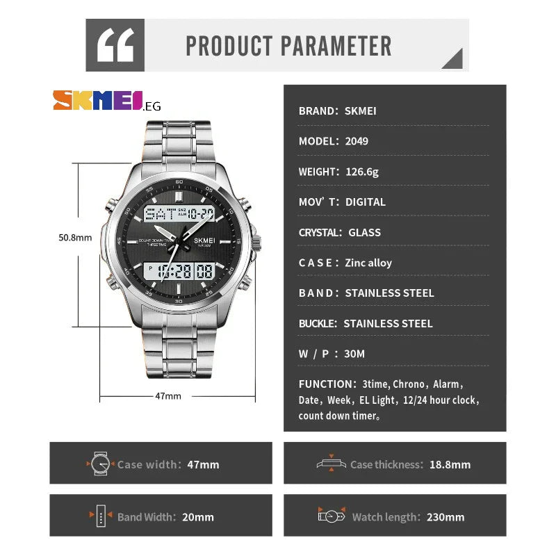 SKMEI 2049 ساعة رياضية فاخرة ستانلس ستيل فضي