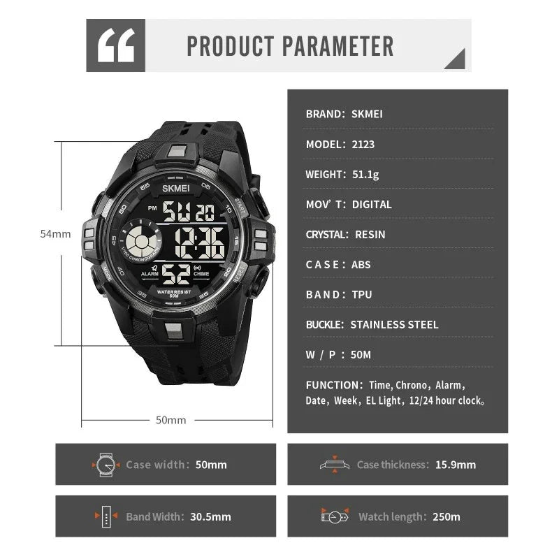 SKMEI 2123 ساعة رياضية متعددة الوظائف مقاومة للماء اسود