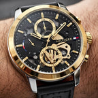 Tommy Hilfiger Henry 1710474 Silver & Gold-Tone Skeleton Black Leather Men's Watch