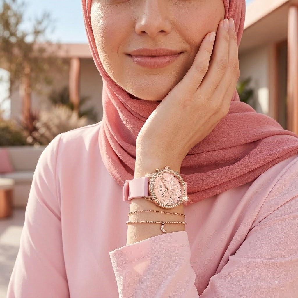 Guess Solar Multi-Function W1135L2 Gold Case Crystal Bezel Silver Dial Pink Rubber Women's Watch