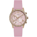 Guess Solar Multi-Function W1135L2 Gold Case Crystal Bezel Silver Dial Pink Rubber Women's Watch