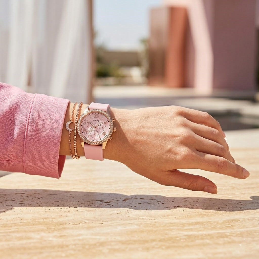 Guess Solar Multi-Function W1135L2 Gold Case Crystal Bezel Silver Dial Pink Rubber Women's Watch