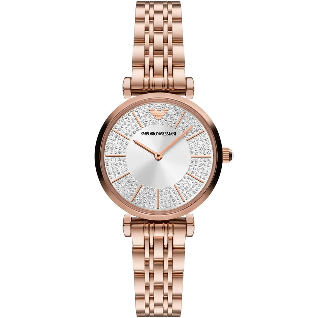 Emporio Armani AR11446 Women’s Silver Crystal Dial Rose Gold Gianni T-Bar Watch