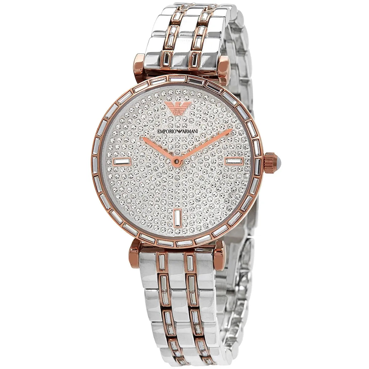 Emporio Armani AR11293 Women’s Crystal Dial Two-Tone Silver Rose Gold Stainless Steel Gianni T-Bar Watch
