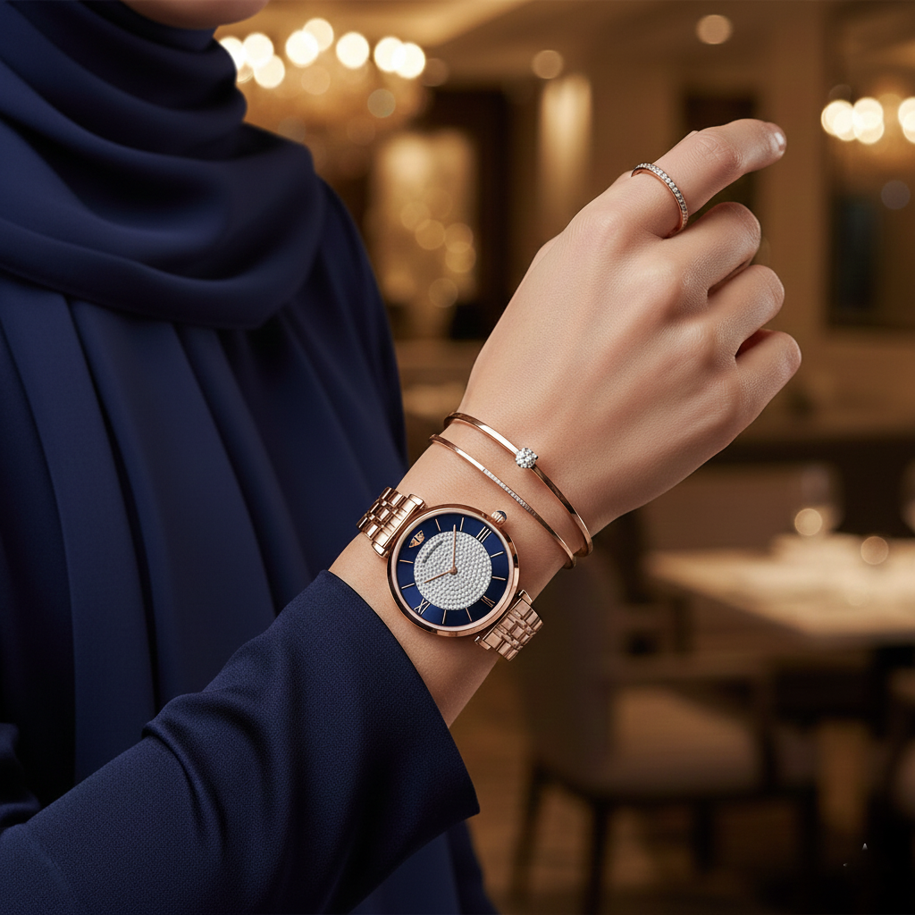 Emporio Armani Gianni T-Bar AR11423 Rose Gold & Navy Crystal Ladies Watch