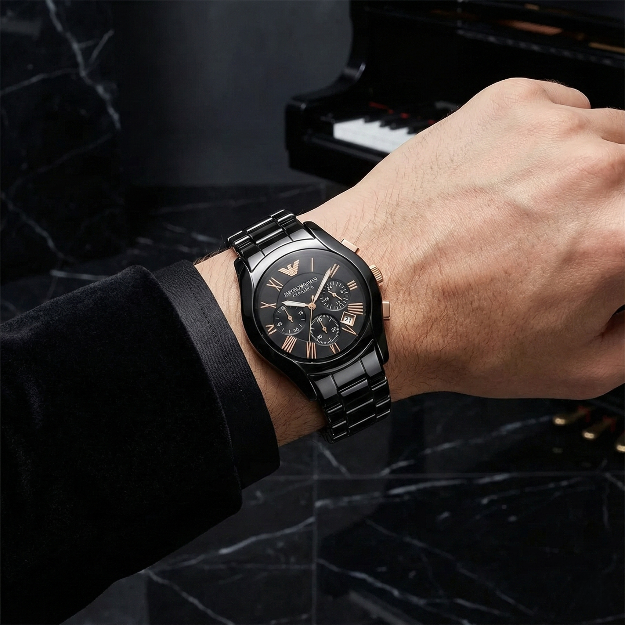 Emporio Armani Valente AR1410 Black Ceramic & Rose Gold Watch