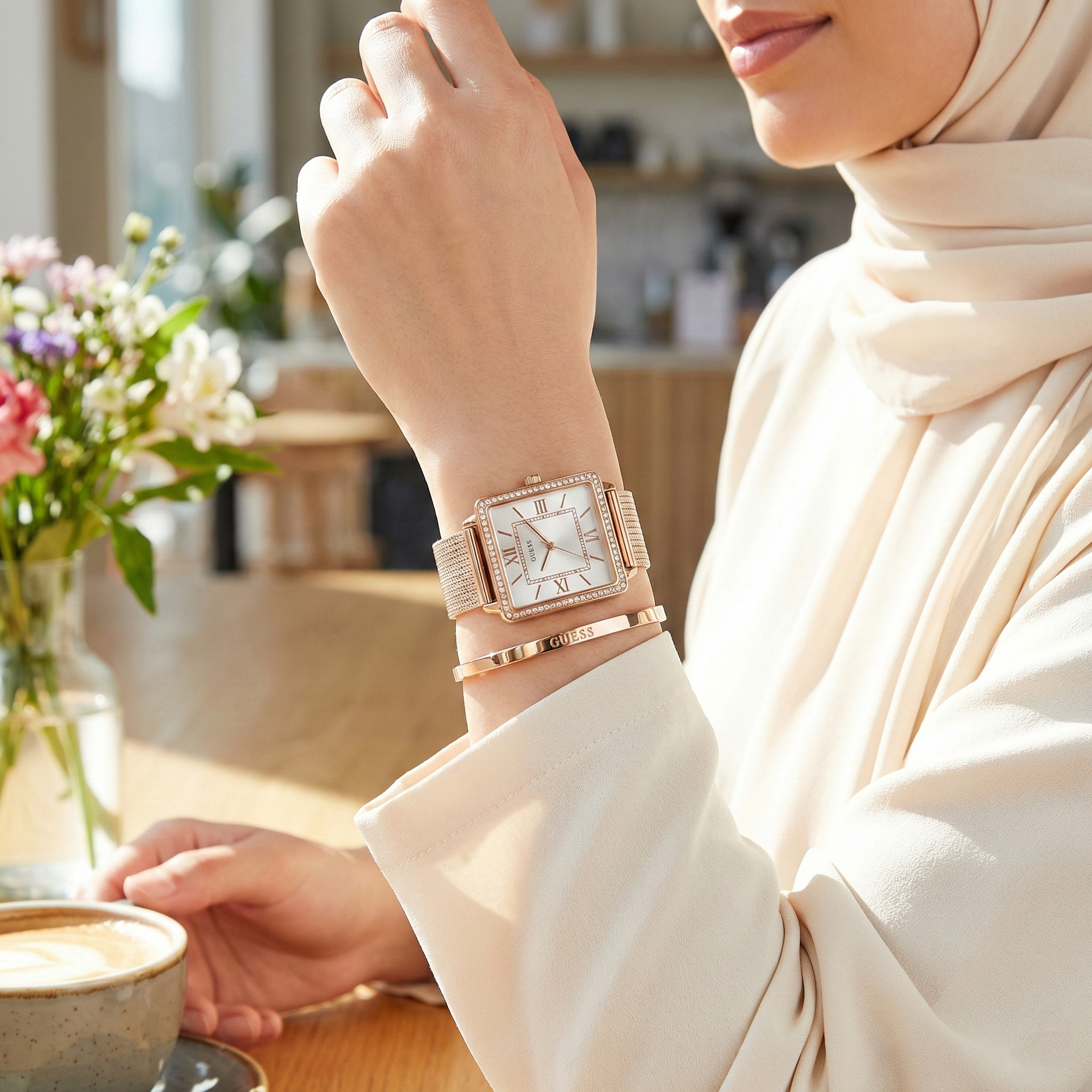 Guess Chelsea W0826L3 Rose Gold Mesh Bracelet Square Crystal Watch