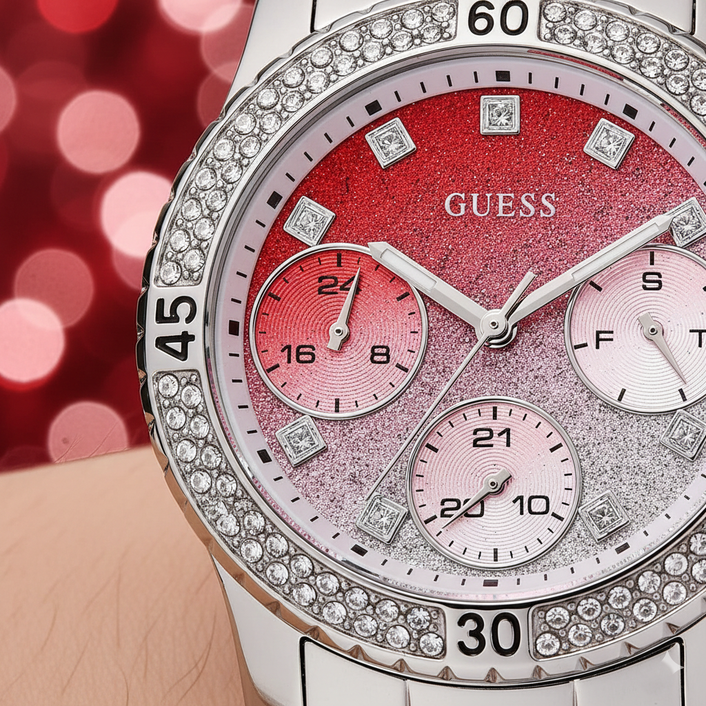 Guess Confetti W0774L7 Silver Tone Red Gradient Glitter Dial Watch