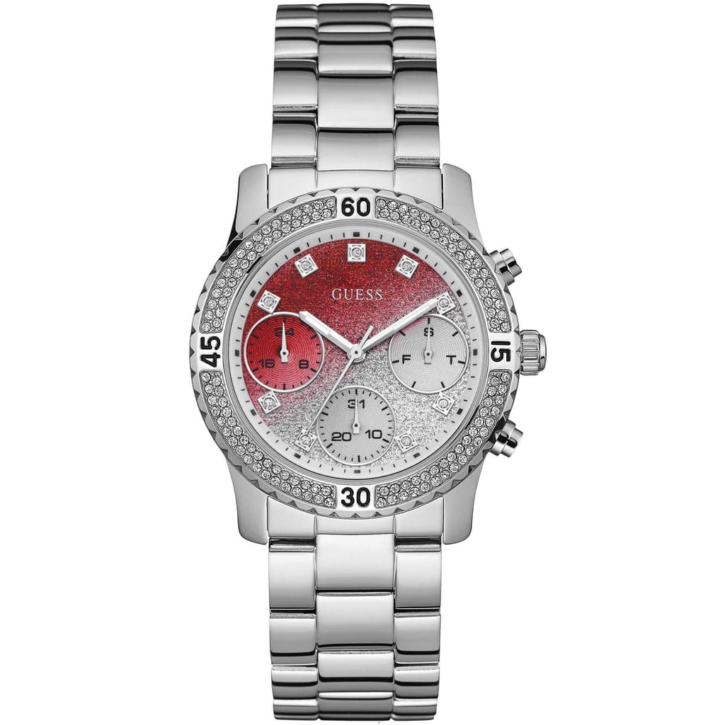 Guess Confetti W0774L7 Silver Tone Red Gradient Glitter Dial Watch