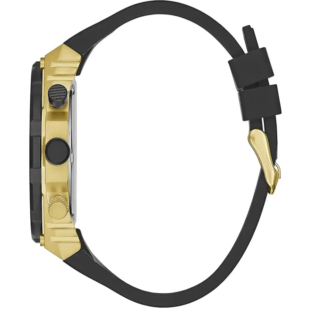 Guess Cut-Thru GW0325G1 Gold Tone Case Black Bezel Black Rubber Strap Watch