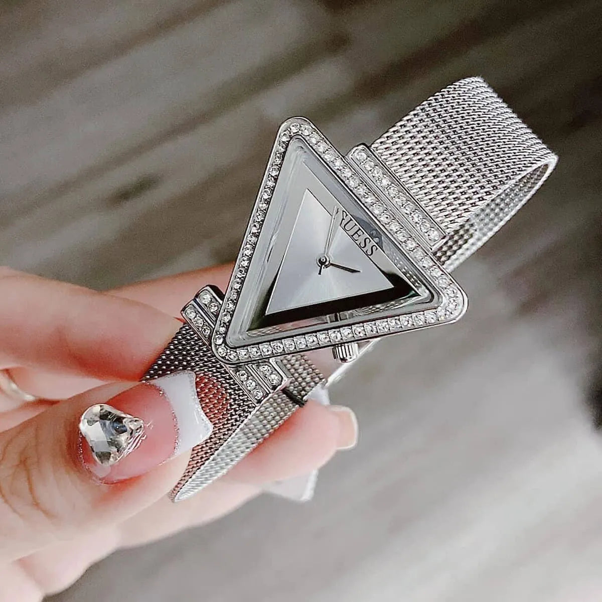 Guess Fame GW0508L1 Silver Tone Triangle Case Mesh Bracelet Watch