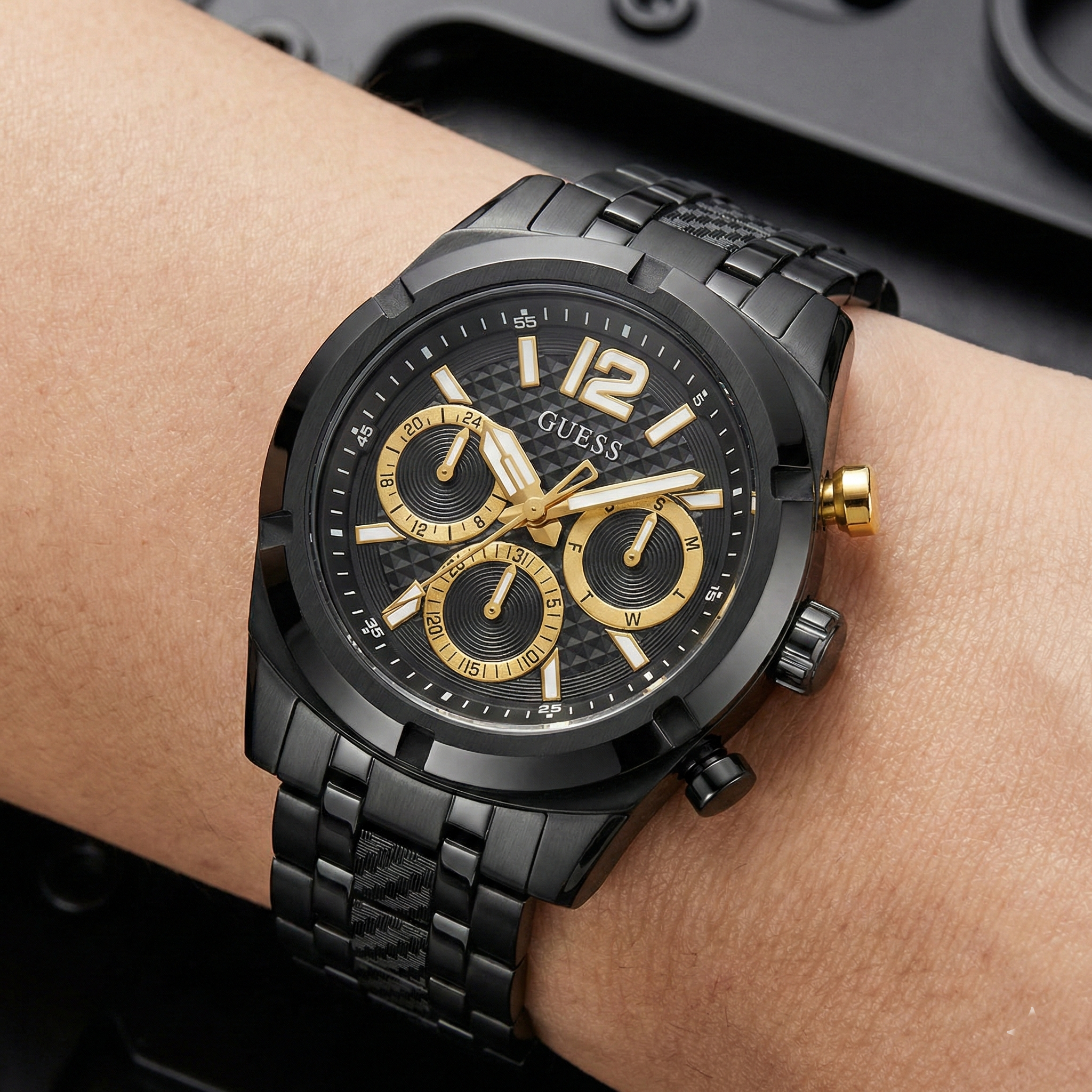 Guess GW0714G4 Men's Top Tier All-Black & Gold Accents Watch