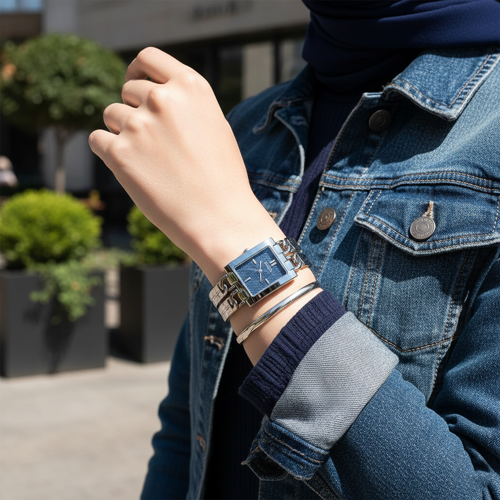 Guess GW0807L1 Silver Tone Rectangular Blue Denim Dial Watch