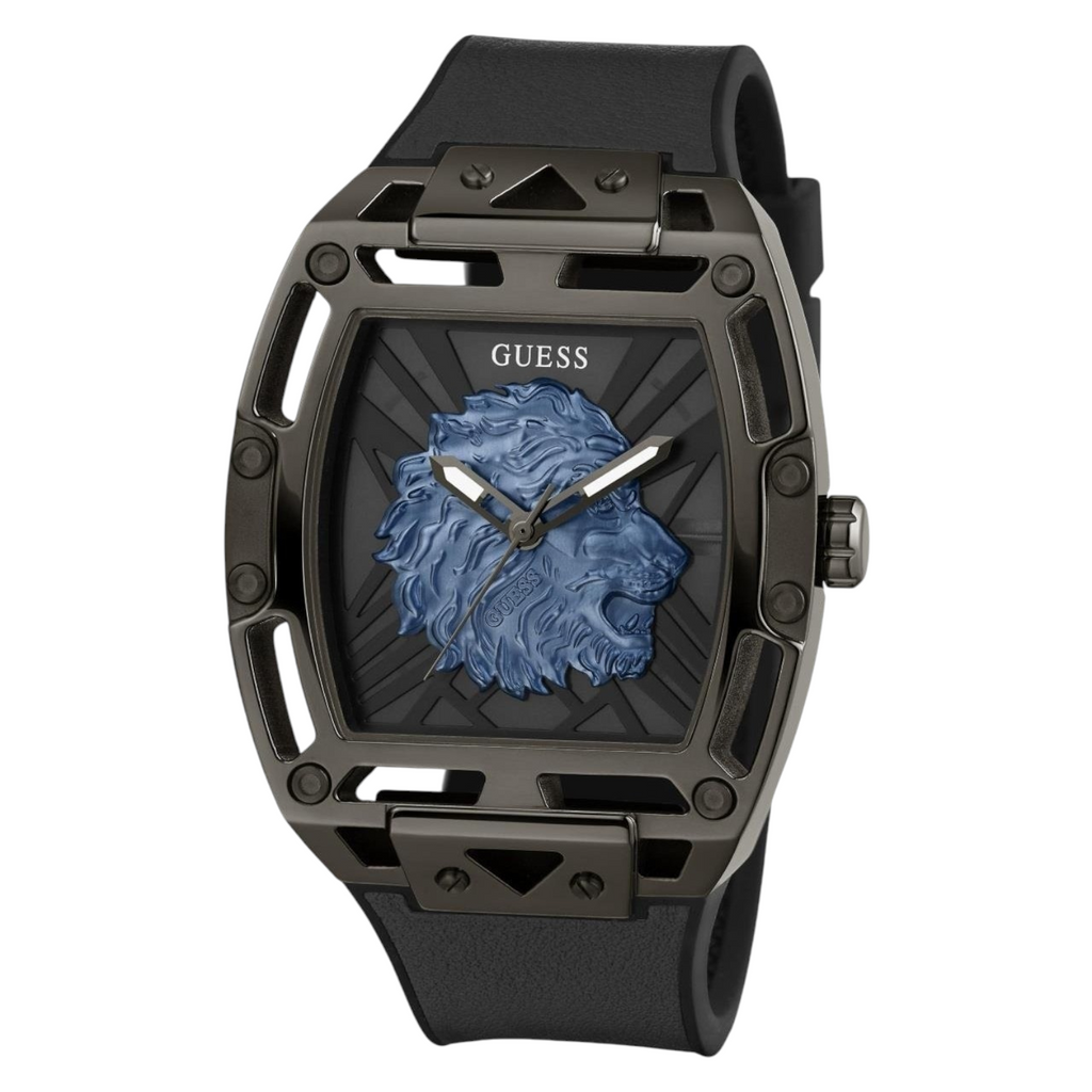 Guess Phoenix Lion Head GW0595G2 Black Case Blue Lion Black Silicone Watch