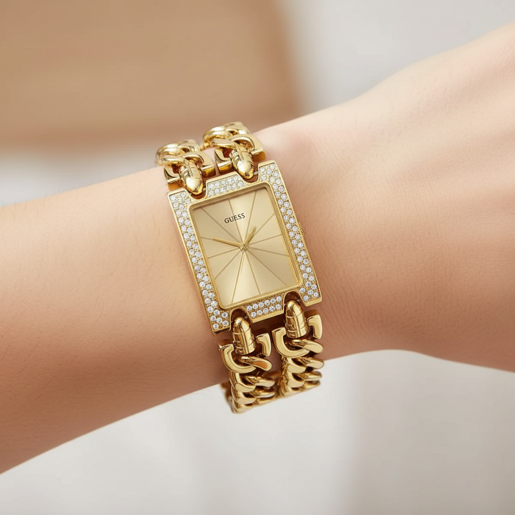 Guess W0072L1 Gold Rectangular Case Chain Bracelet Crystal Bezel Women's Watch