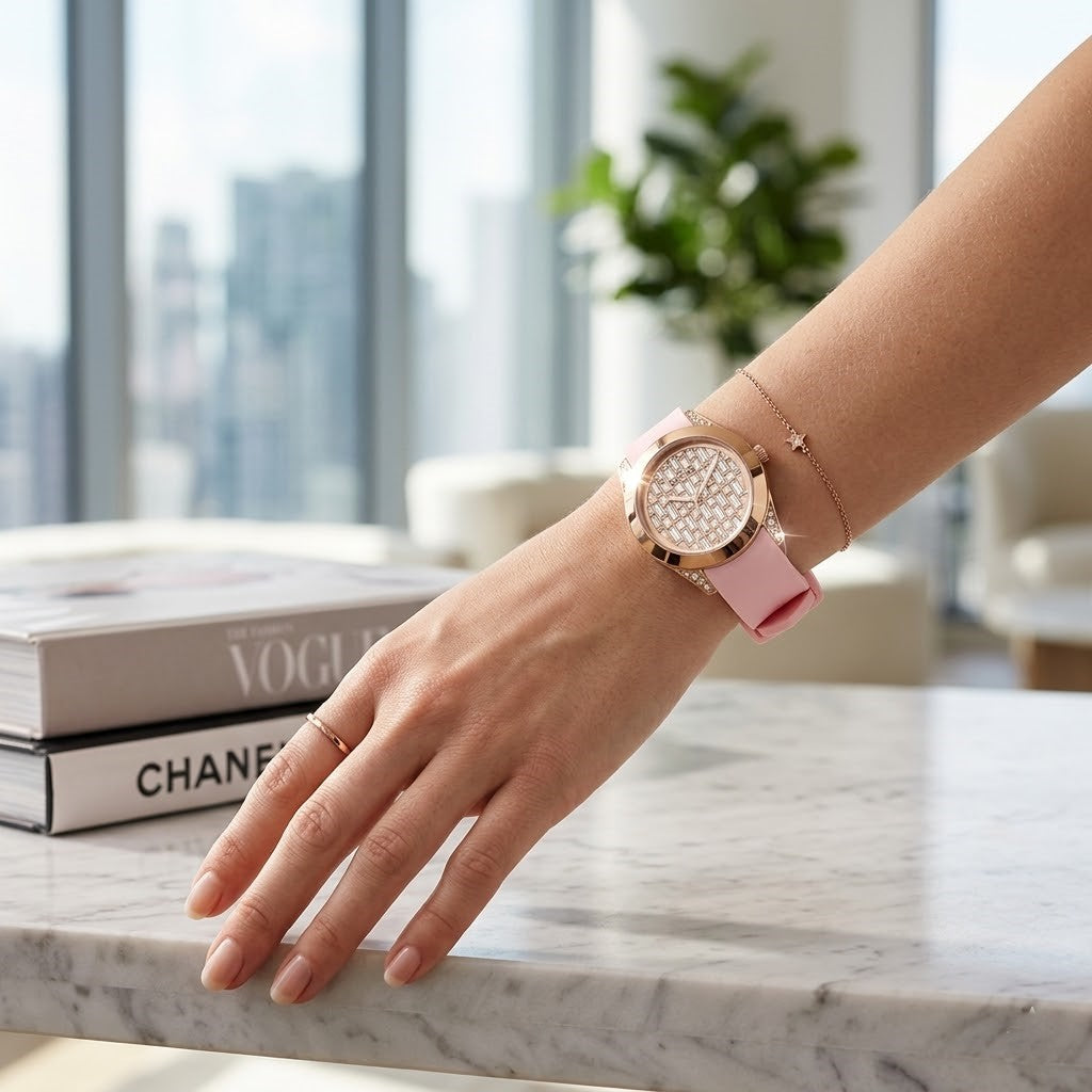 Guess Lady Frontier GW0109L2 Rose Gold Crystal Dial Pink Rubber Women's Watch