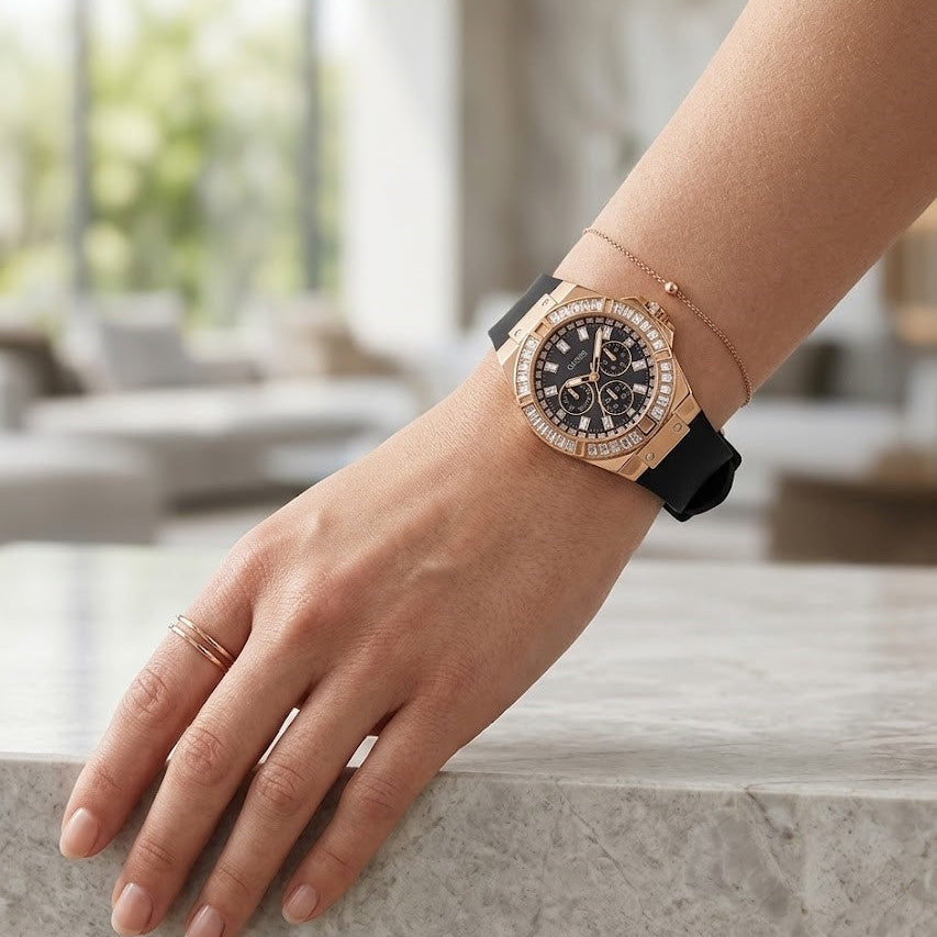 Guess Venus GW0118L2 Rose Gold Case Black Dial Black Rubber Women's Watch