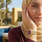 Guess Tapestry GW0354L4 Square Gold Case Crystal Bezel Burgundy Dial Gold Mesh Women's Watch
