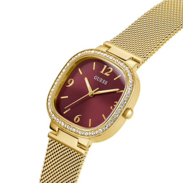 Guess Tapestry GW0354L4 Square Gold Case Crystal Bezel Burgundy Dial Gold Mesh Women's Watch