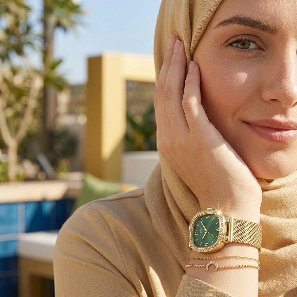 Guess GW0354L5 Square Gold Case Crystal Bezel Green Dial Gold Mesh Women's Watch
