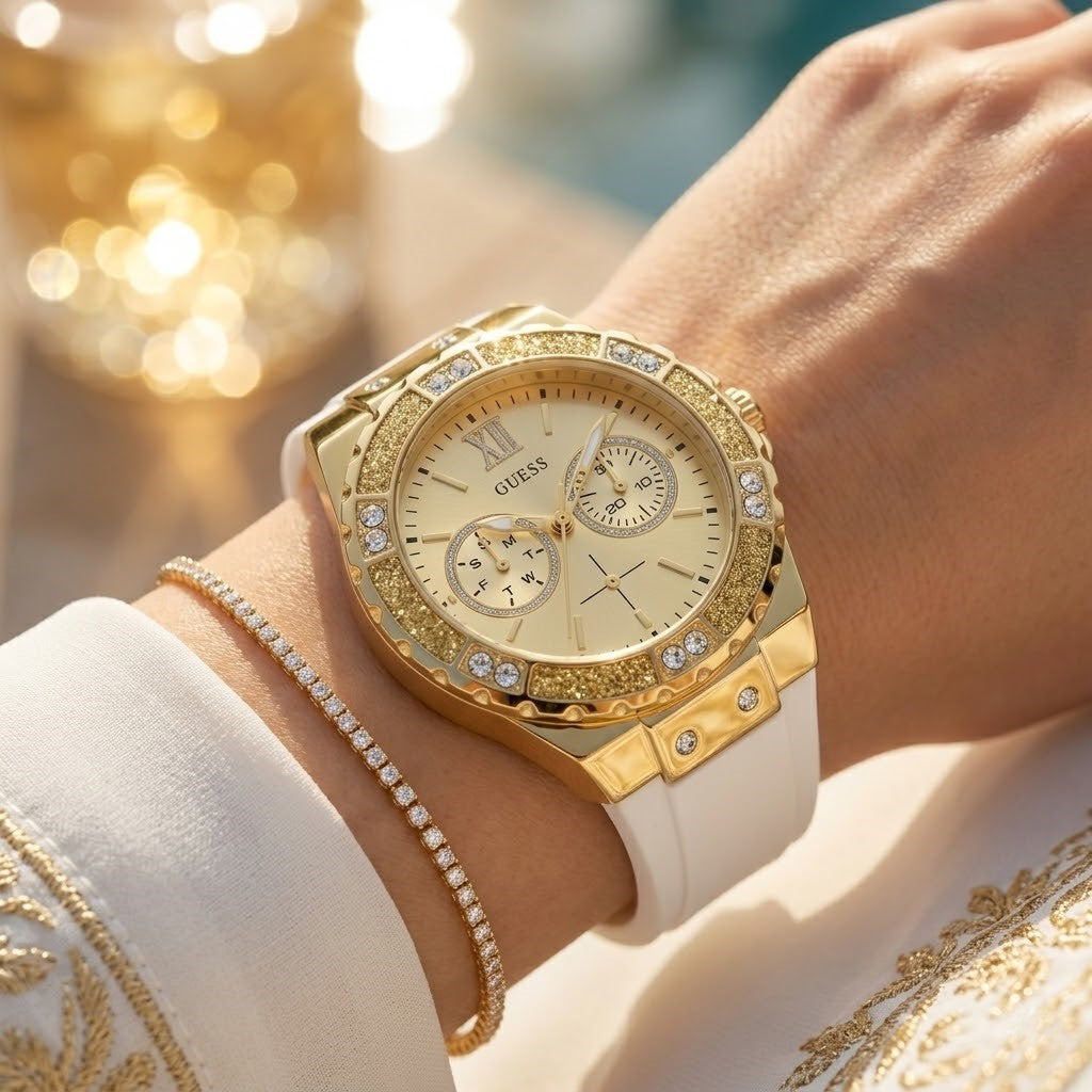 Guess Limelight GW0519L2 Multi-Function Gold Dial Women's White Rubber Watch