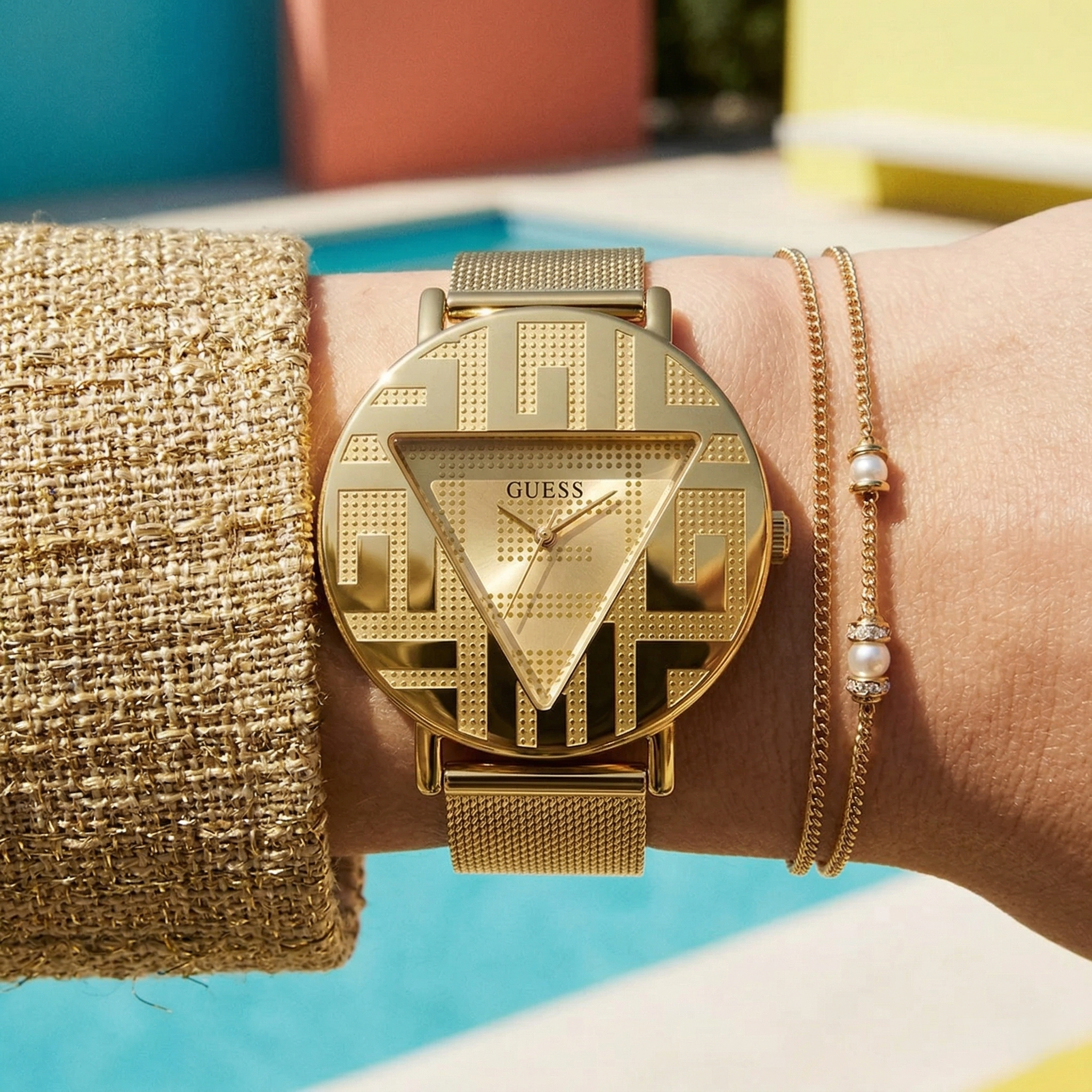 Guess Iconic GW0527L2 Gold Case Gold Triangle Dial Gold Mesh Women's Watch