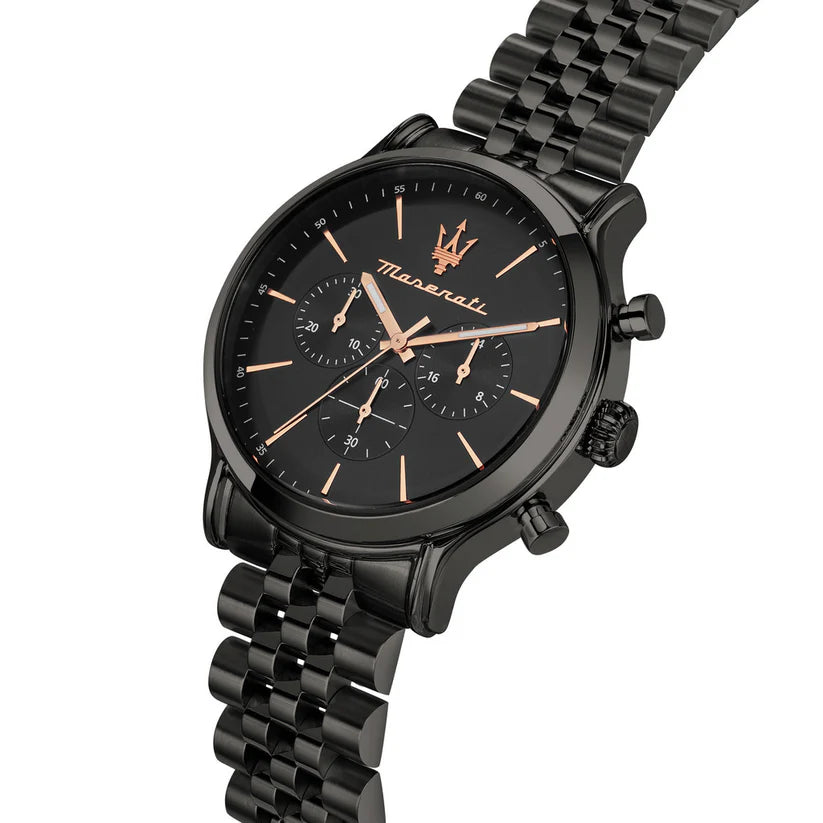 Maserati Epoca R8873618019 Full Black Jubilee Bracelet Rose Gold Accents Watch