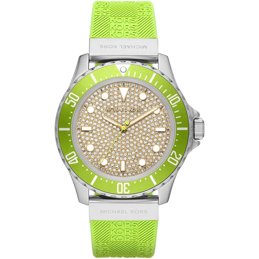 Michael Kors Everest MK7360 Silver-Tone Crystal Pavé Lime Green Rubber Women's Watch