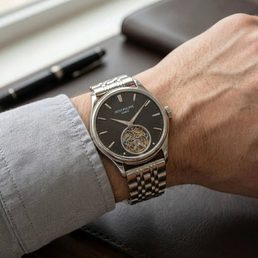 Patek Philippe Men’s Black Textured Dial Open-Heart Watch