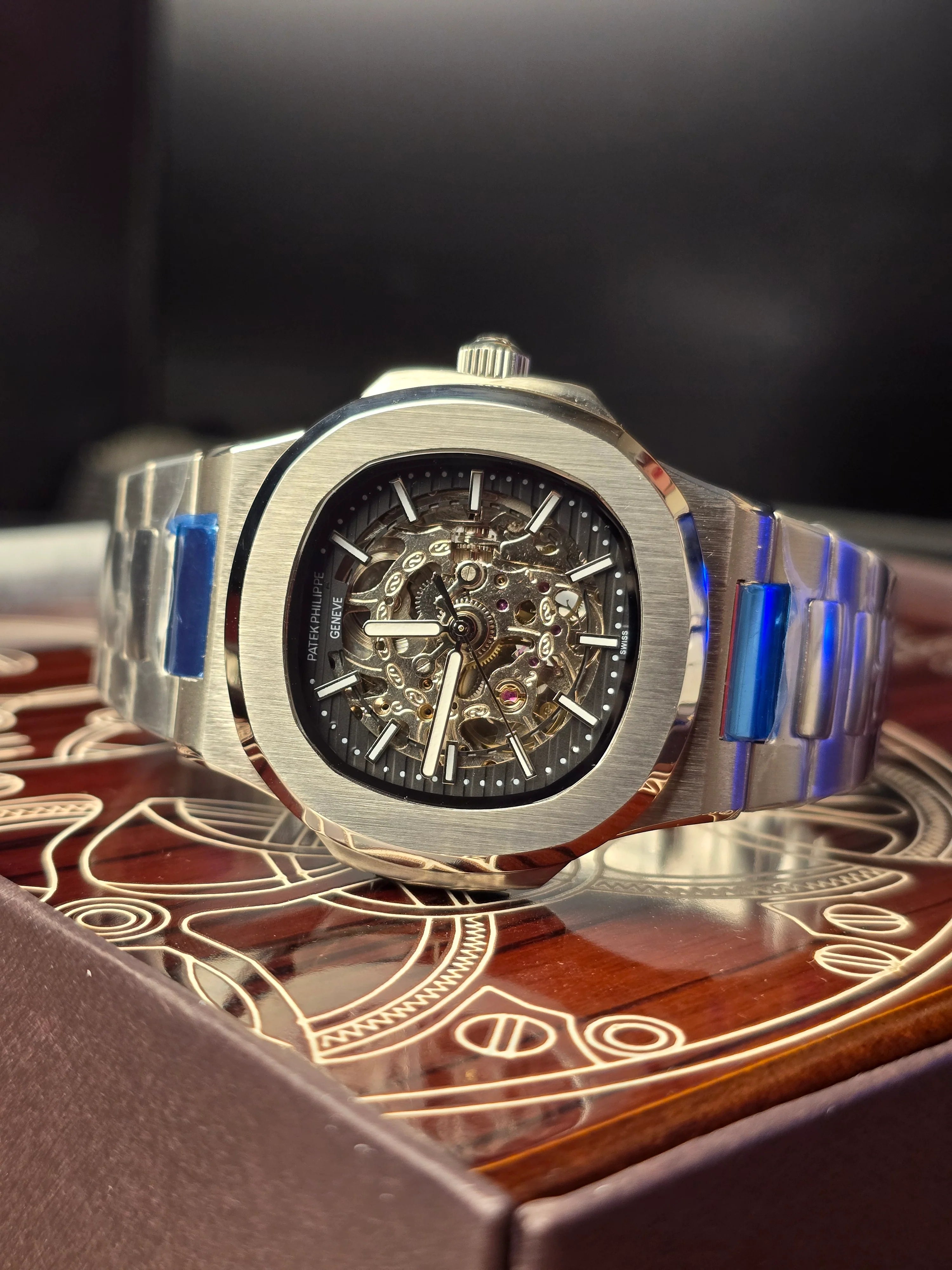 PATEK PHILIPPE CHRONOGRAPH WATCH black WITH STAINLESS STEEL SILVER BELT