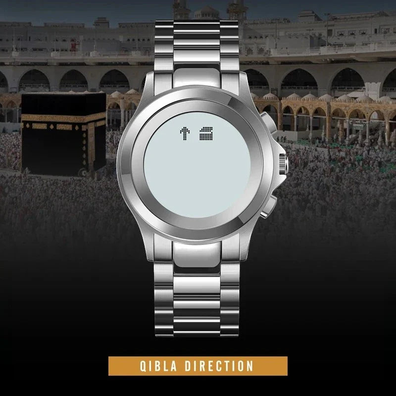 ساعة الحرمين الاسلامية من سكيمي 2270 مواقيت الصلاة تقويم هجري دعم اللغة العربيه اتجاه القبلة لون فضي مقاومة للماء