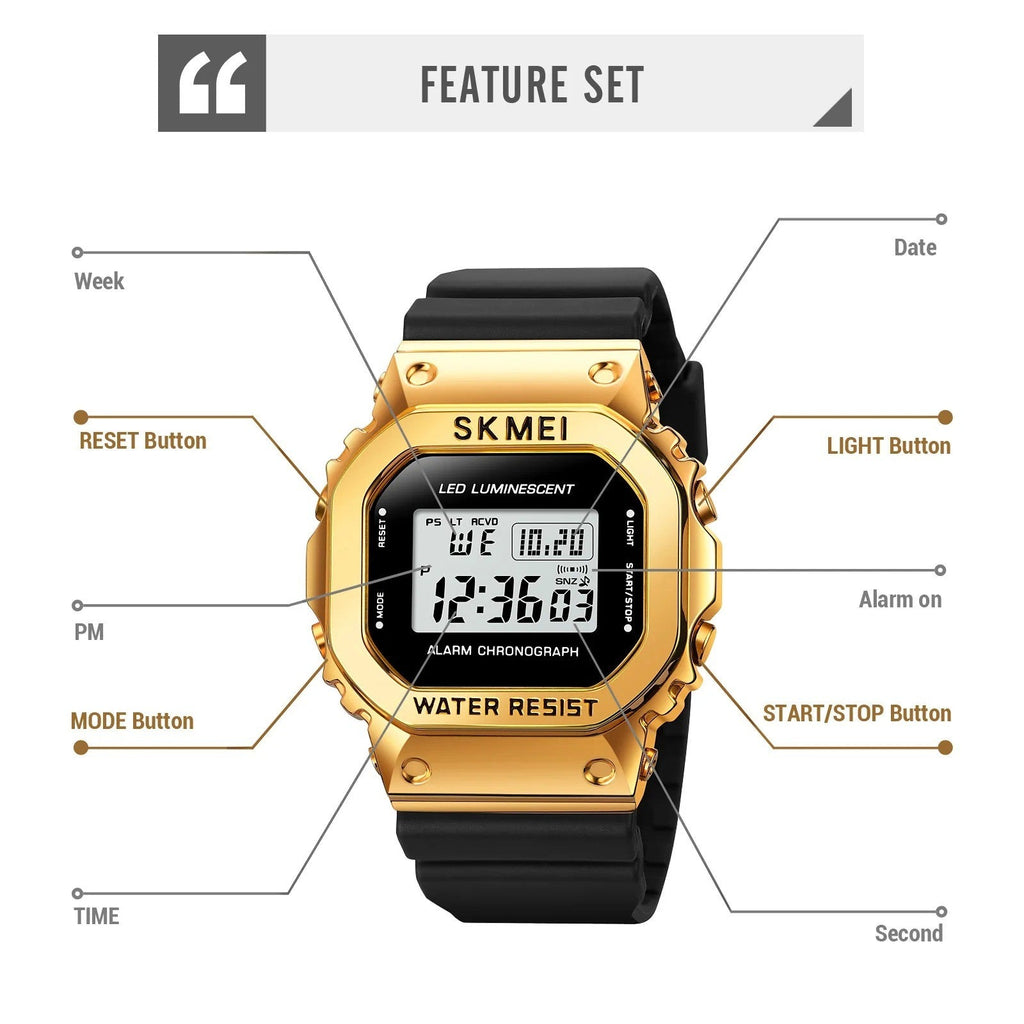ساعة SKMEI 1851 كبيرة الحجم للرجال بمينا فولاذي فاخر وسوار ذهبي أسود SKMEI مقاومة للماء والصدمات