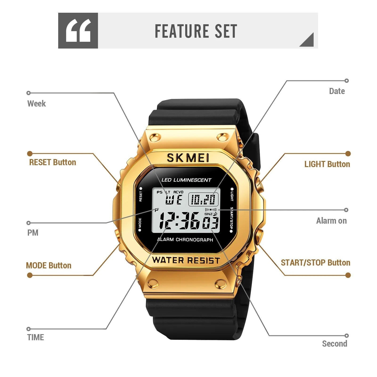 ساعة SKMEI 1851 كبيرة الحجم للرجال بمينا فولاذي فاخر وسوار ذهبي أسود SKMEI مقاومة للماء والصدمات