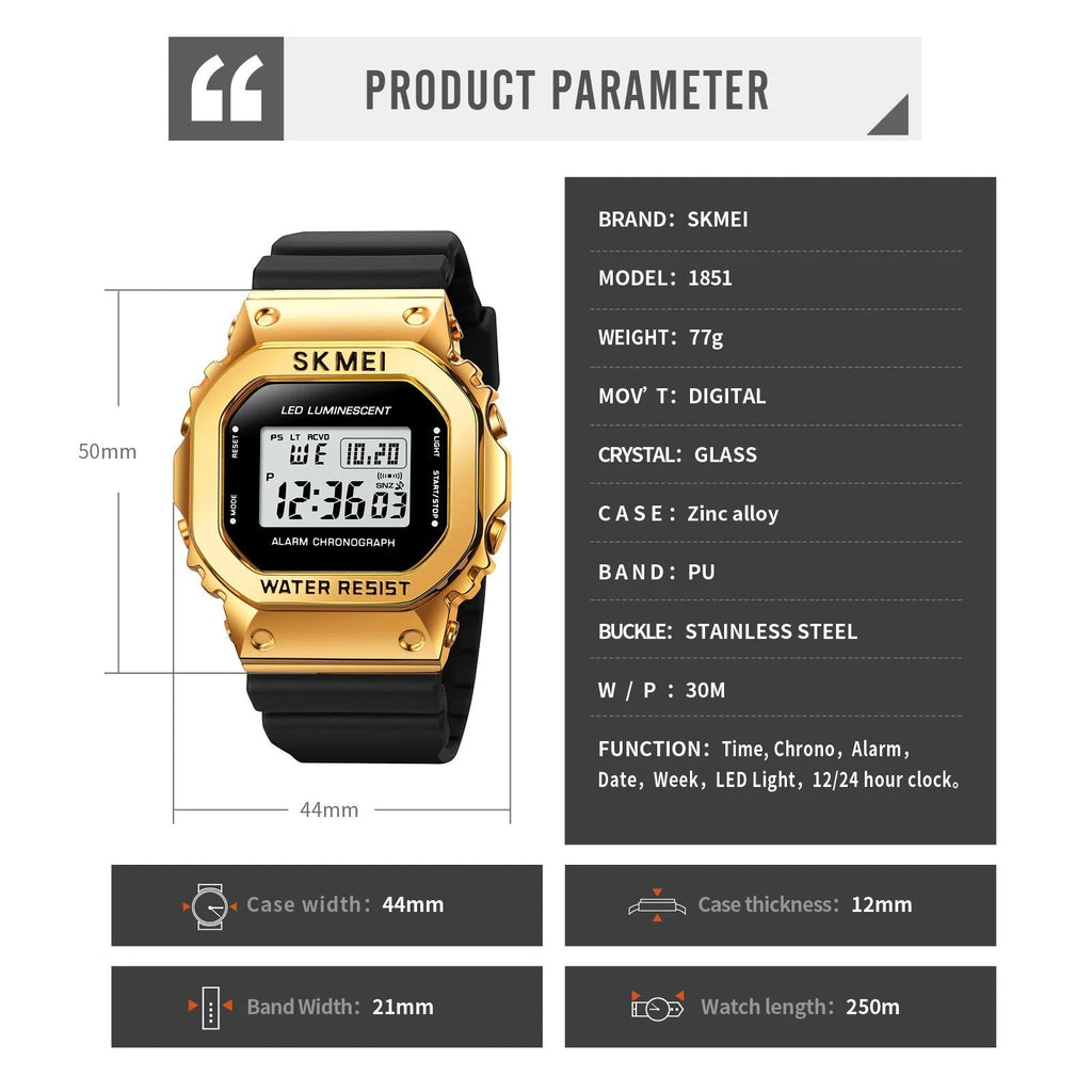 ساعة SKMEI 1851 كبيرة الحجم للرجال بمينا فولاذي فاخر وسوار ذهبي أسود SKMEI مقاومة للماء والصدمات