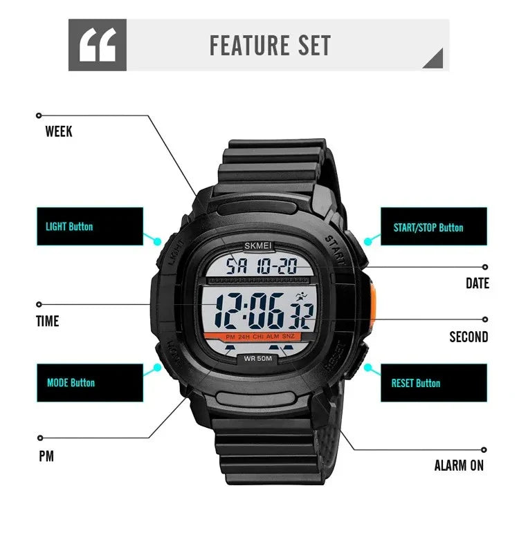 SKMEI 1657 ساعة رياضية رقمية مربعة متعددة الوظائف مع عداد للوقت مقاومة للماء بلون اسود