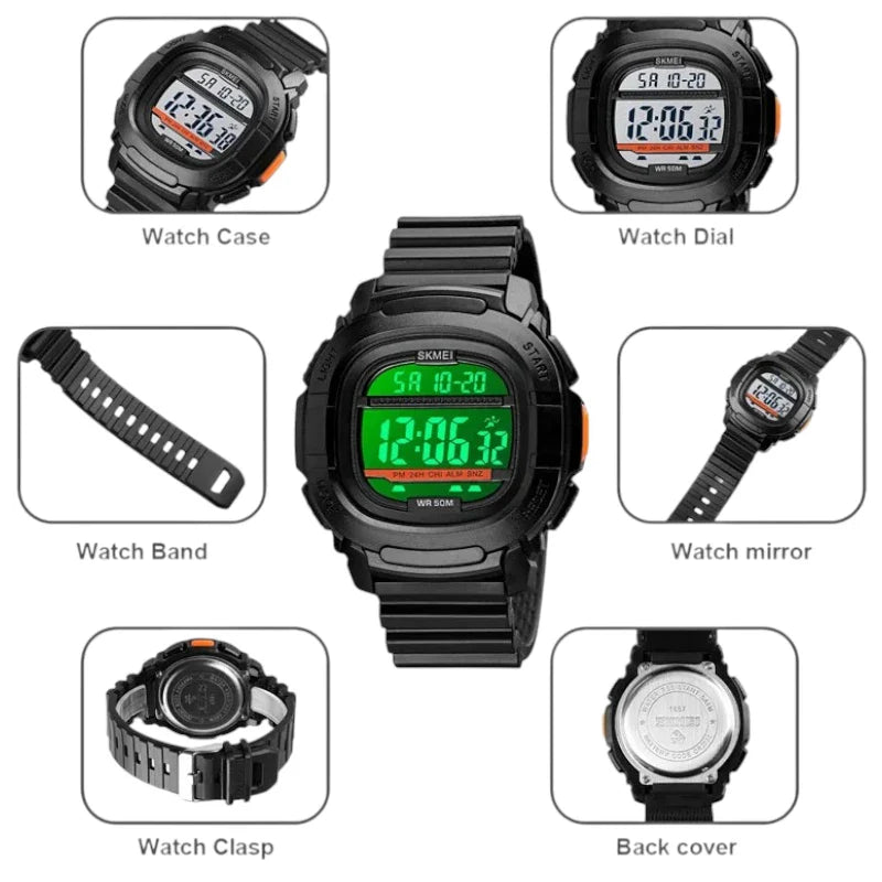 SKMEI 1657 ساعة رياضية رقمية مربعة متعددة الوظائف مع عداد للوقت مقاومة للماء بلون اسود
