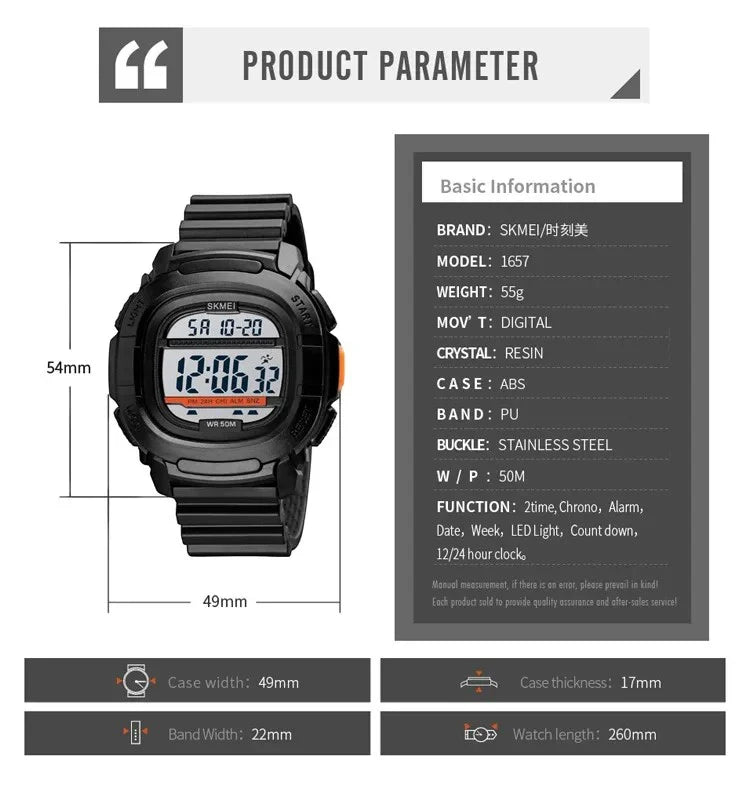 SKMEI 1657 ساعة رياضية رقمية مربعة متعددة الوظائف مع عداد للوقت مقاومة للماء