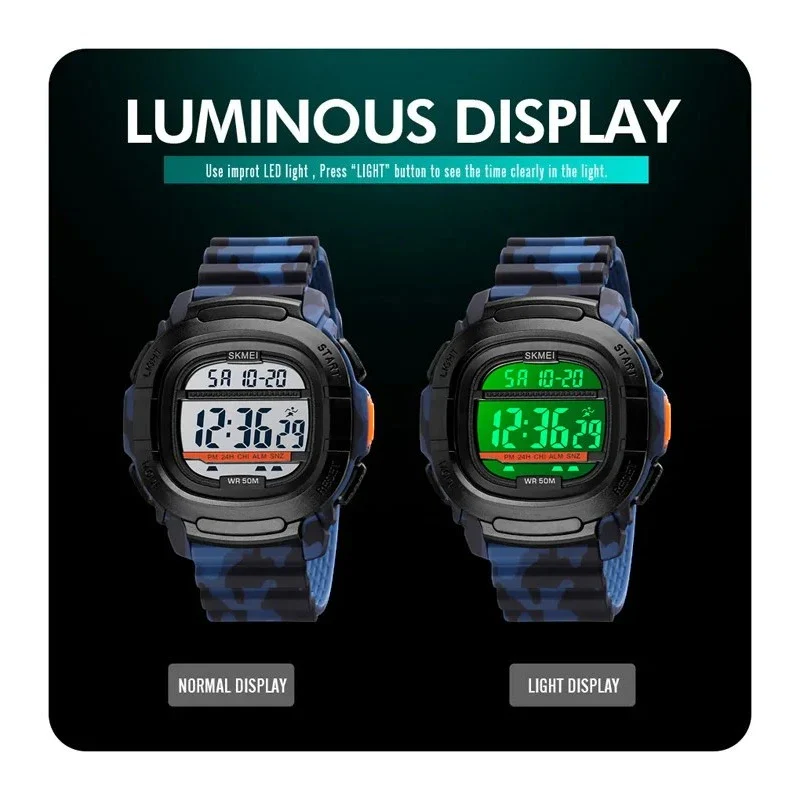 SKMEI 1657 ساعة رياضية رقمية مربعة متعددة الوظائف مع عداد للوقت مقاومة للماء بلون اسود