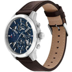 Tommy Hilfiger Henry 1710476 Silver Case Blue Semi-Skeleton Dial Brown Leather Men's Watch