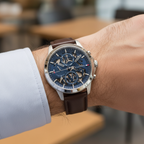 Tommy Hilfiger Henry 1710476 Silver Case Blue Semi-Skeleton Dial Brown Leather Men's Watch
