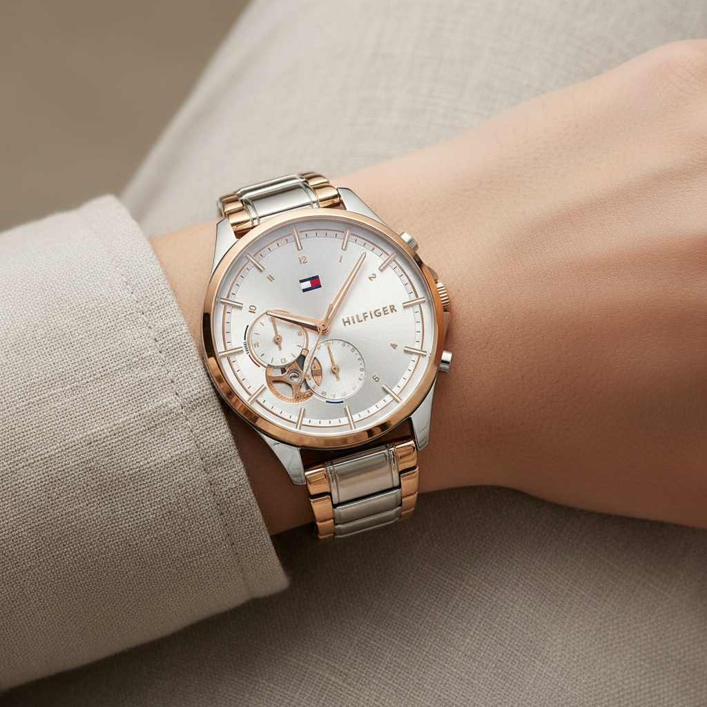Tommy Hilfiger Quinn 1782415 Two-Tone Silver & Rose Gold Semi-Skeleton Women's Watch