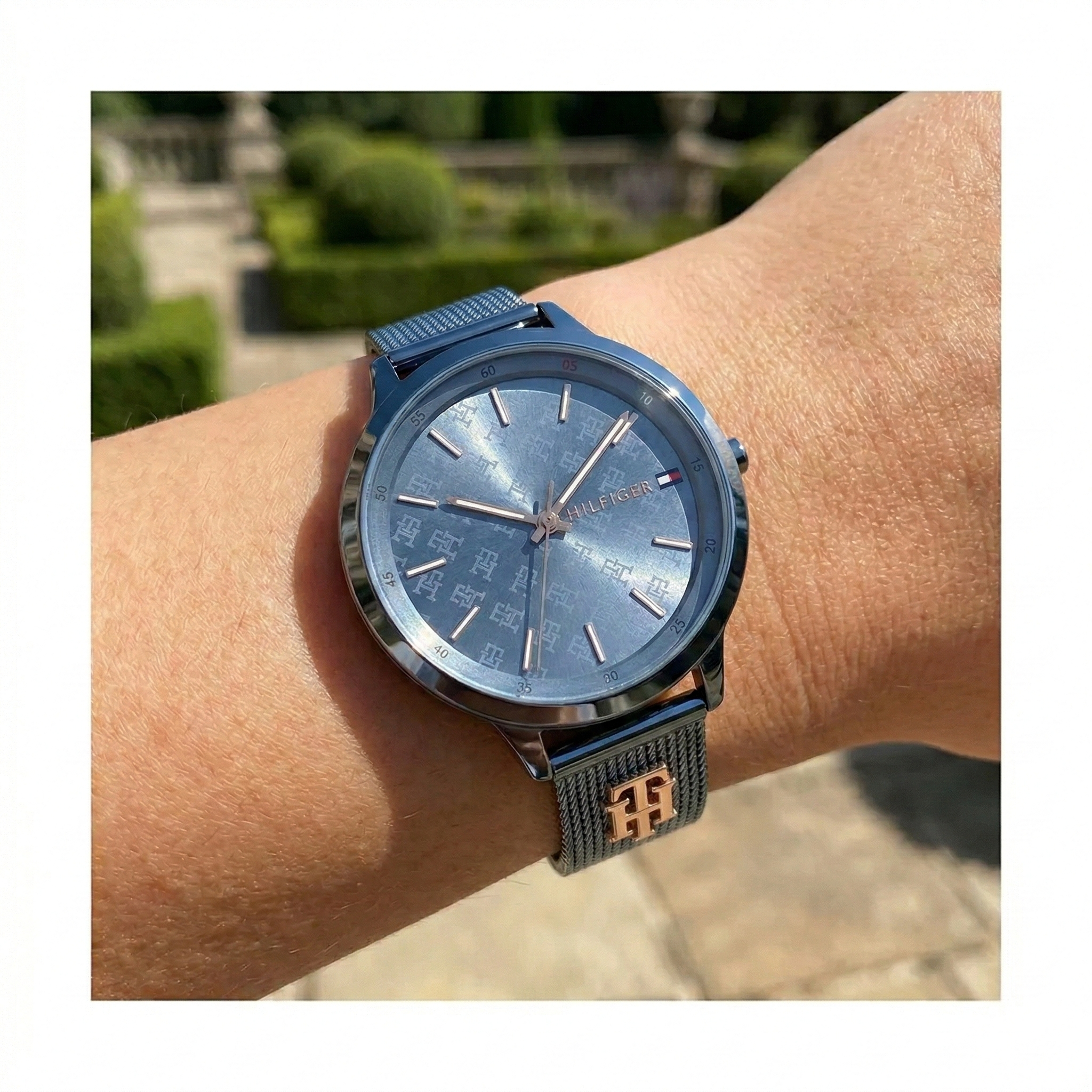 Tommy Hilfiger Iris 1782589 Slate Blue Mesh Rose Gold Accents Women's Watch